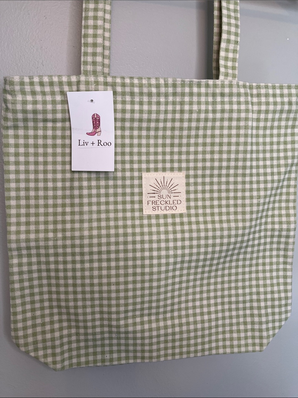 NWT Sun Freckled Studio Green Gingham Checkered Bag - Picture 2 of 13